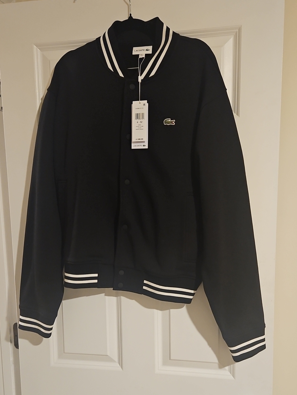 Lacoste Mens Black Varsity Jacket with White Trim